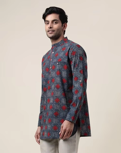 Blue Cotton Printed Slim Fit Short Kurta