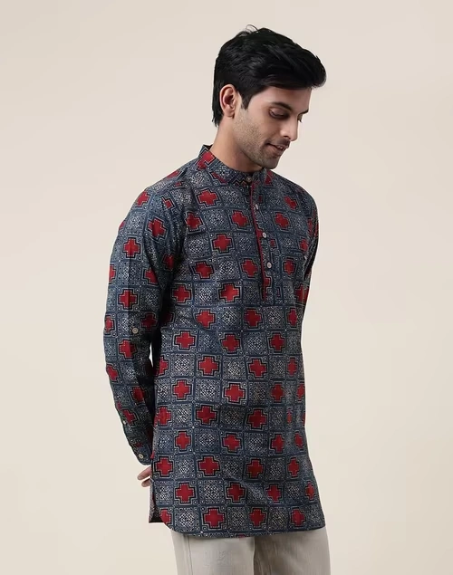 Blue Cotton Printed Slim Fit Short Kurta 3 Blue Cotton Printed Slim Fit Short Kurta