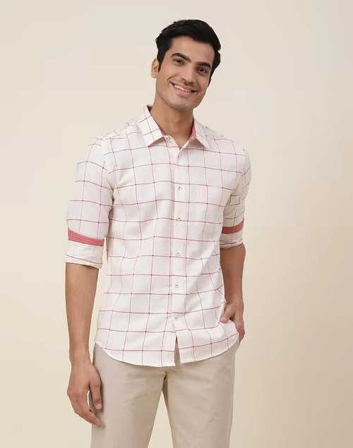 White Cotton Checks Slim Fit Shirt