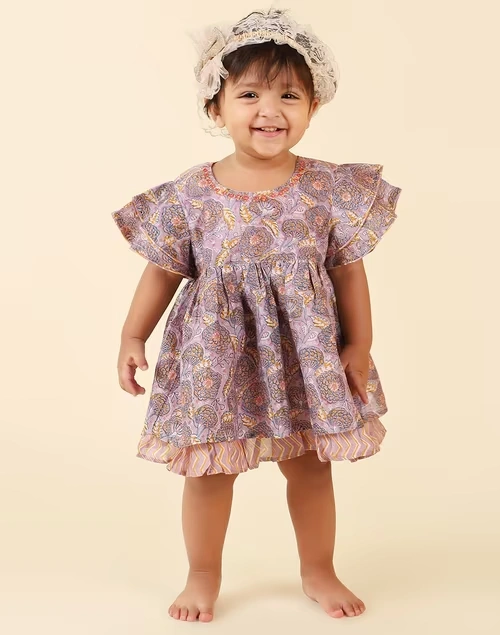 Floral Printed Cotton Silk Short Sleeves Frock