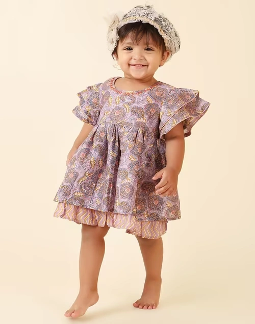 Floral Printed Cotton Silk Short Sleeves Frock