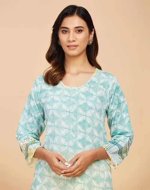 White Cotton Printed Slim Fit Short Kurta