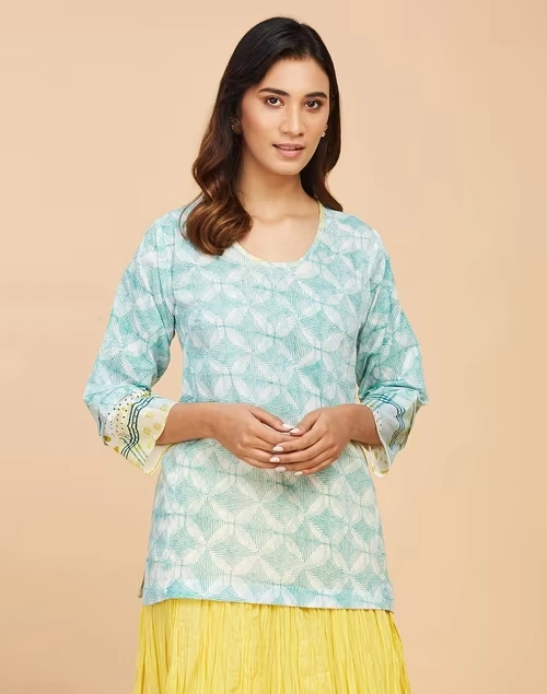 White Cotton Printed Slim Fit Short Kurta