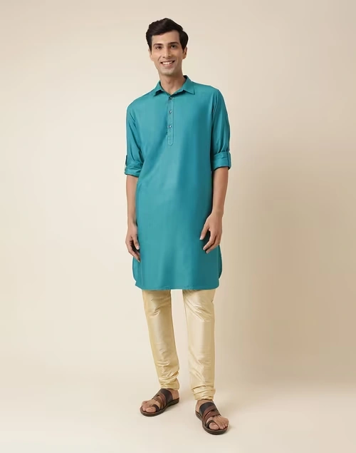 Teal Viscose Silk Regular Fit Pathani