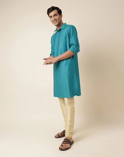 Teal Viscose Silk Regular Fit Pathani