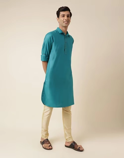 Teal Viscose Silk Regular Fit Pathani