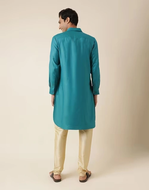 Teal Viscose Silk Regular Fit Pathani