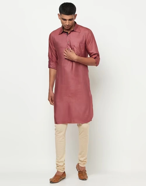 Viscose Tussar Rollup Sleeves Pathani Kurta
