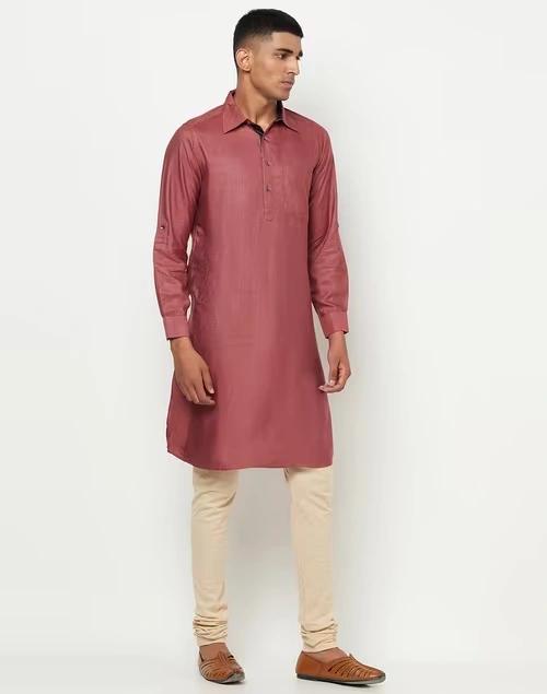 Viscose Tussar Rollup Sleeves Pathani Kurta 4 Viscose Tussar Rollup Sleeves Pathani Kurta