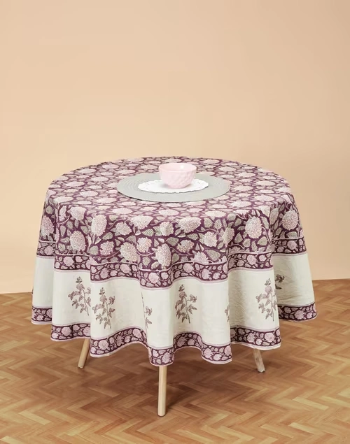 Maroon Cotton Ayira Sukriti Round Table Cover 6 Seater