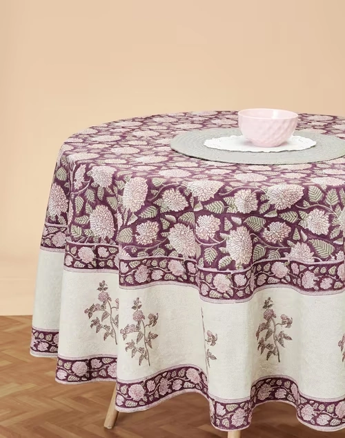 Maroon Cotton Ayira Sukriti Round Table Cover 6 Seater