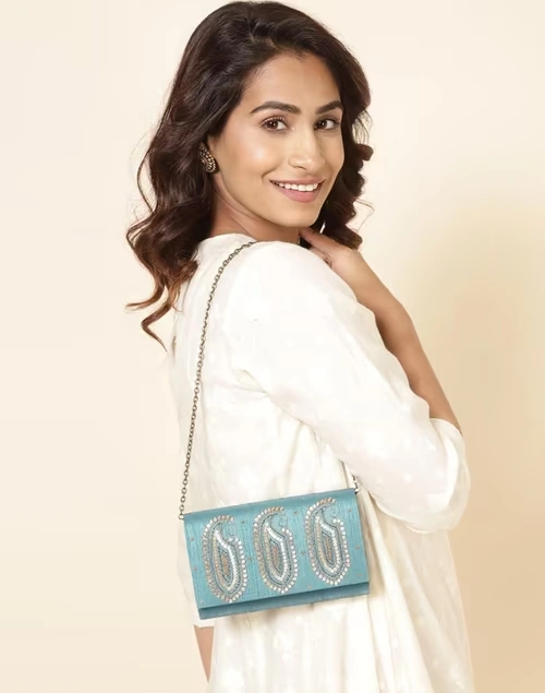 Blue Hand Embroidered Clutch