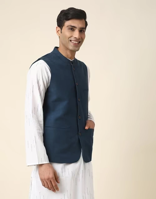 Blue Cotton Woven Slim Fit Vest Jacket 3 Blue Cotton Woven Slim Fit Vest Jacket
