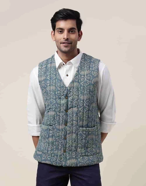 Blue Cotton Quilting Slim Fit Vest Jacket