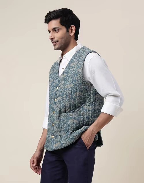 Blue Cotton Quilting Slim Fit Vest Jacket