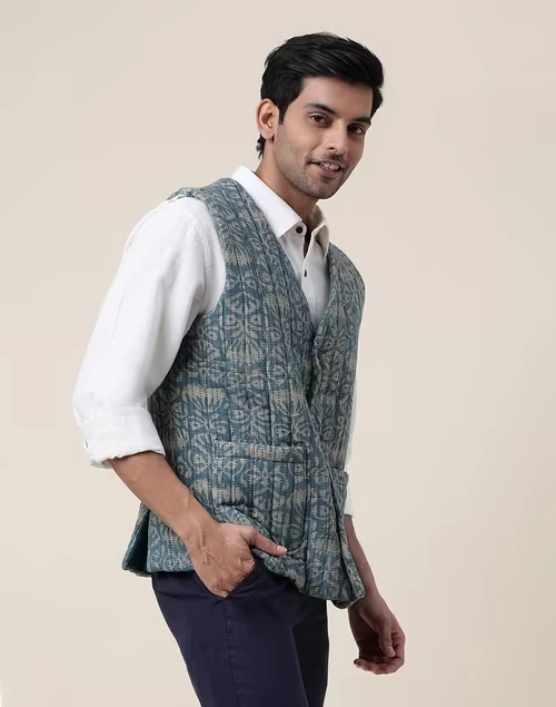 Blue Cotton Quilting Slim Fit Vest Jacket