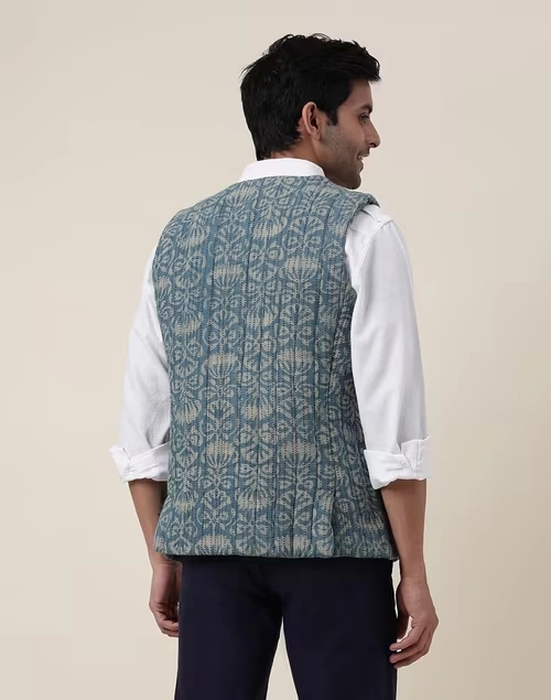 Blue Cotton Quilting Slim Fit Vest Jacket