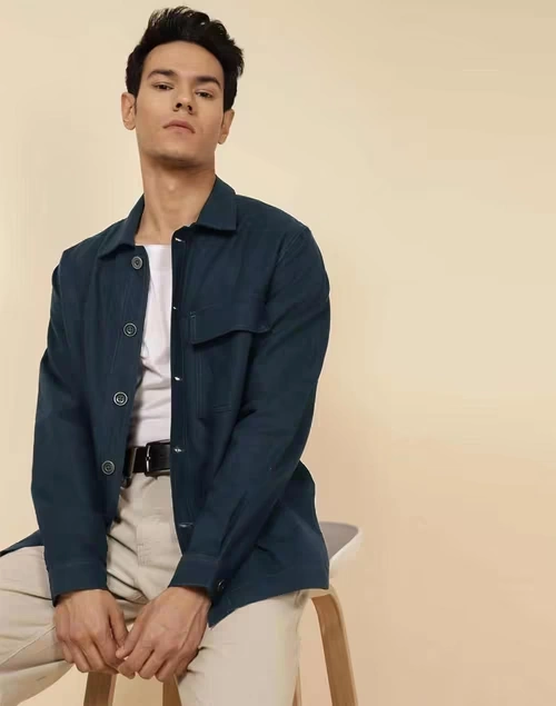 Blue Cotton Linen Slim Fit Utility Jacket