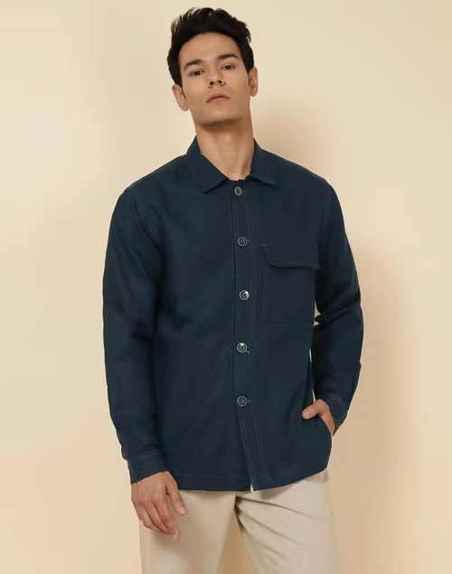 Blue Cotton Linen Slim Fit Utility Jacket