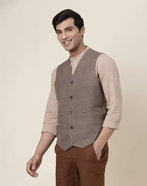 Brown Cotton Dobby Slim Fit Vest Jacket