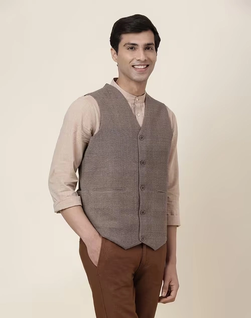 Brown Cotton Dobby Slim Fit Vest Jacket 3 Brown Cotton Dobby Slim Fit Vest Jacket