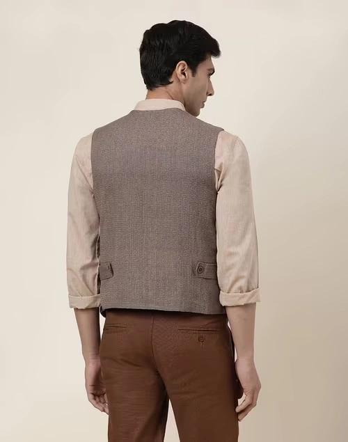Brown Cotton Dobby Slim Fit Vest Jacket 4 Brown Cotton Dobby Slim Fit Vest Jacket