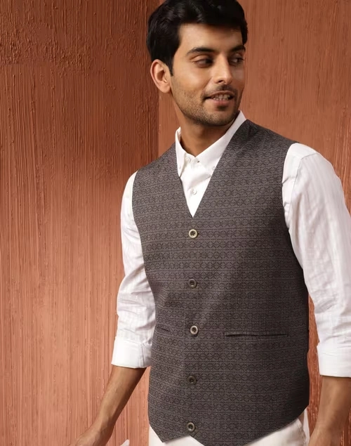 Grey Cotton Dobby Slim Fit Vest Jacket