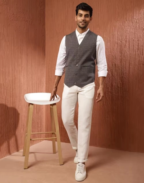 Grey Cotton Dobby Slim Fit Vest Jacket