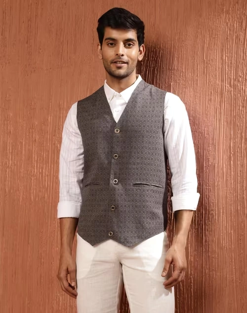 Grey Cotton Dobby Slim Fit Vest Jacket 3 Grey Cotton Dobby Slim Fit Vest Jacket