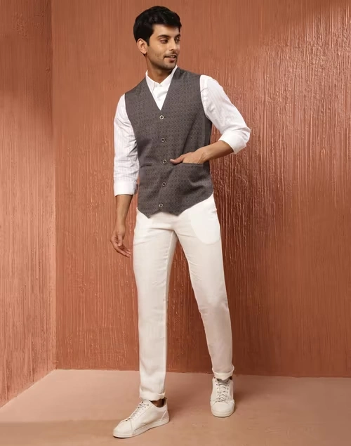 Grey Cotton Dobby Slim Fit Vest Jacket 4 Grey Cotton Dobby Slim Fit Vest Jacket