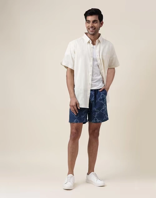 Indigo Cotton Tie And Dye Drawstring Shorts