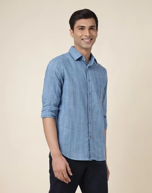 Blue Cotton Printed Slim Fit Shirt
