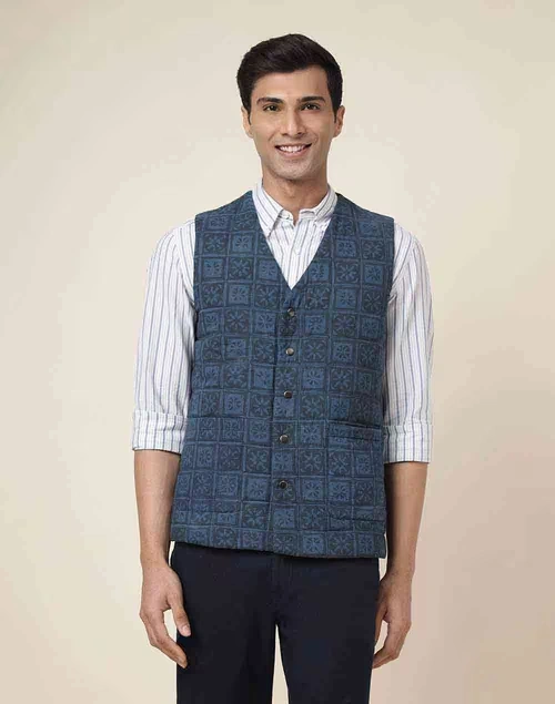 Blue Cotton Quilting Slim Fit Vest Jacket