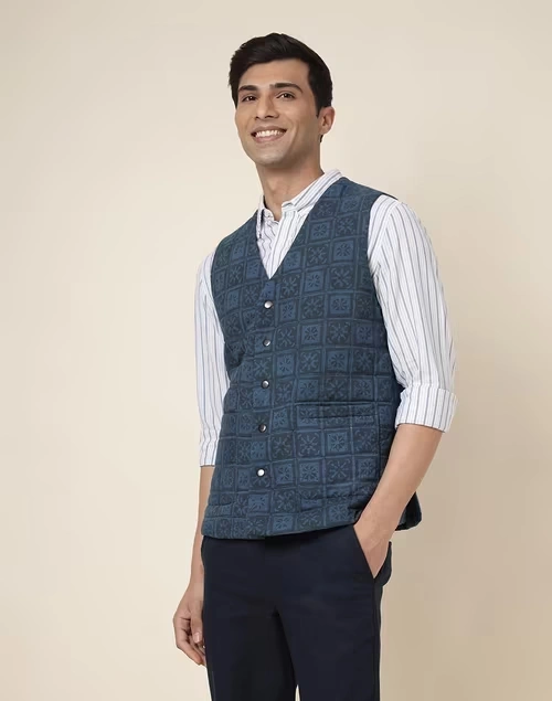 Blue Cotton Quilting Slim Fit Vest Jacket
