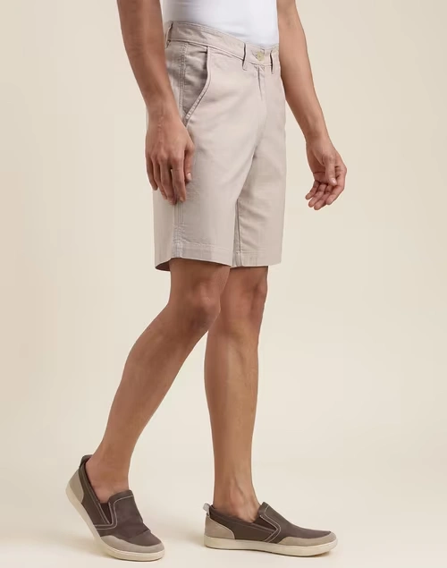 Beige Cotton Knee Length Regular Shorts