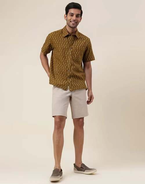 Beige Cotton Knee Length Regular Shorts