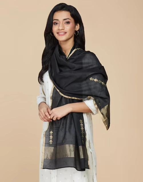 Black Cotton Silk Banarasi Stole 3 Black Cotton Silk Banarasi Stole
