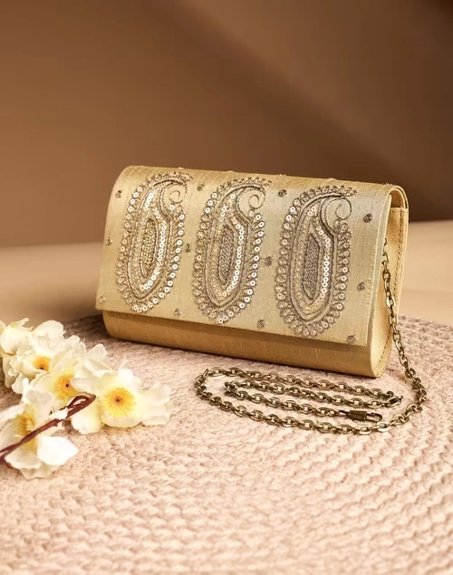 Golden Hand Embroidered Clutch
