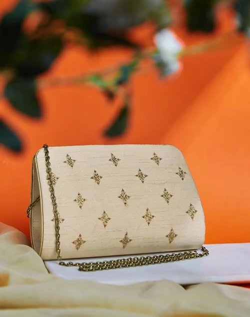 Beige Hand Embroidered Clutch