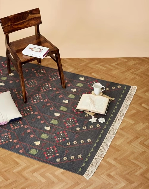 Grey Dhakai Cotton Hand Woven Dhurrie M