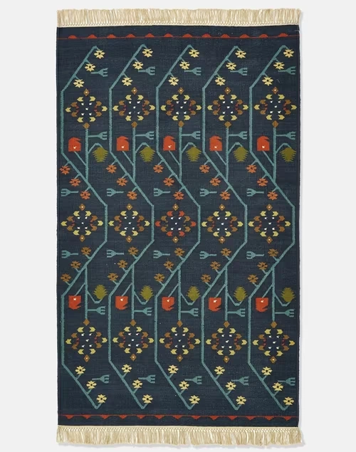 Navy Dhakai Cotton Hand Woven Dhurrie - Medium