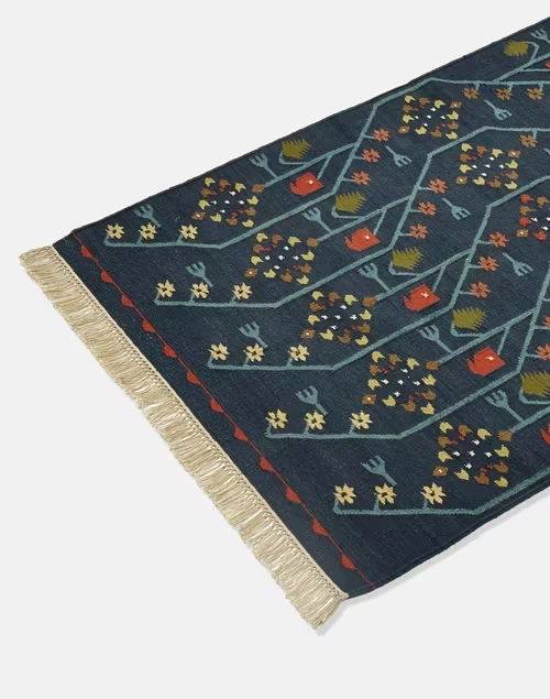 Navy Dhakai Cotton Hand Woven Dhurrie - Medium 4 Navy Dhakai Cotton Hand Woven Dhurrie - Medium