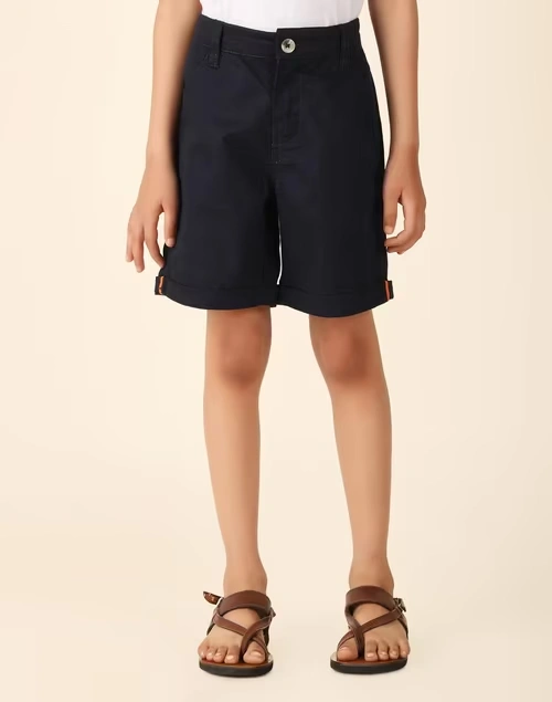 Navy Cotton Shorts With Horn Button