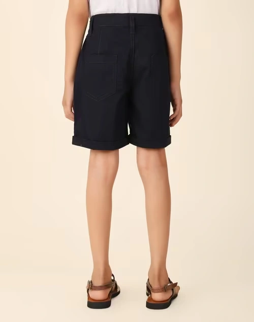 Navy Cotton Shorts With Horn Button