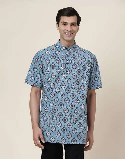 Blue Cotton Printed Slim Fit Short Kurta