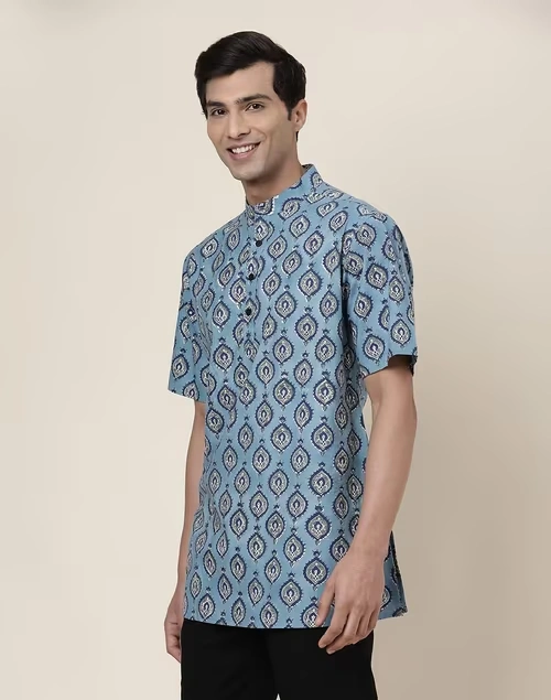 Blue Cotton Printed Slim Fit Short Kurta