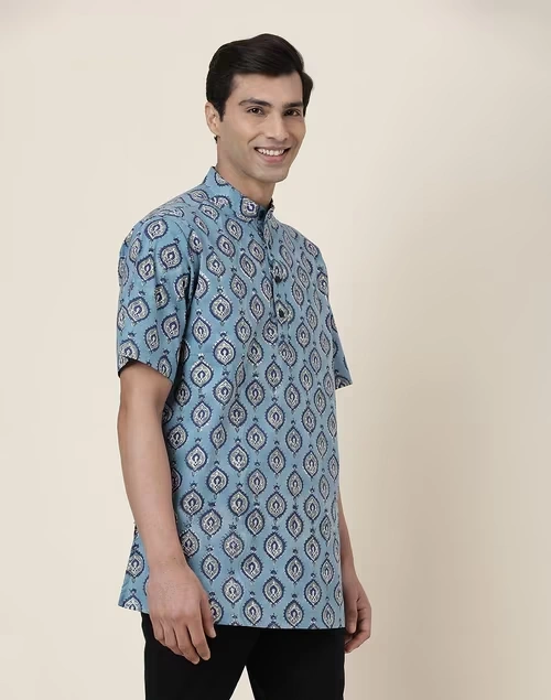Blue Cotton Printed Slim Fit Short Kurta 3 Blue Cotton Printed Slim Fit Short Kurta