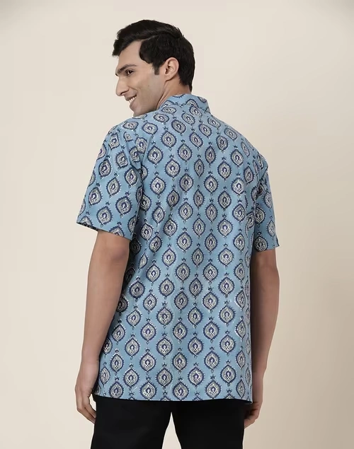 Blue Cotton Printed Slim Fit Short Kurta 4 Blue Cotton Printed Slim Fit Short Kurta