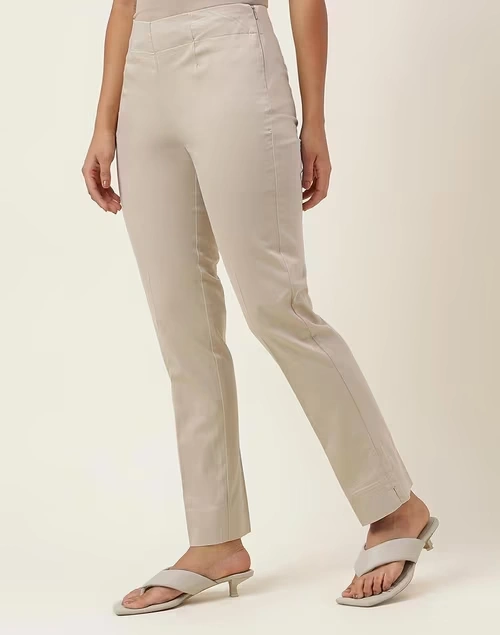 Beige Cotton Blend Full Length Pant Formal