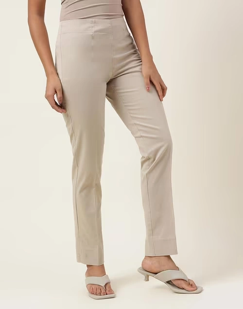 Beige Cotton Blend Full Length Pant Formal